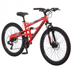 Schwinn Protocol 1.0 Mens and Womesn Mountain Bike, 26-Inch Wheels, 24-Speed Drivetrain, Lightweight Aluminum Frame, Full Suspension, Red/Blue