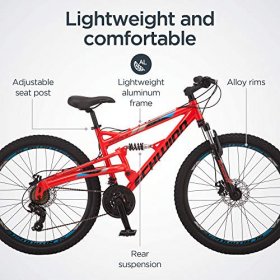 Schwinn Protocol 1.0 Mens and Womesn Mountain Bike, 26-Inch Wheels, 24-Speed Drivetrain, Lightweight Aluminum Frame, Full Suspension, Red/Blue